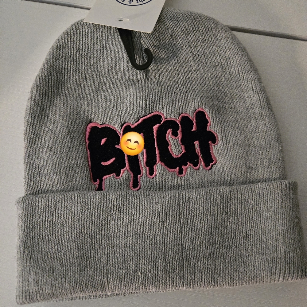 Gray Knit Beanie with Embroidered Text